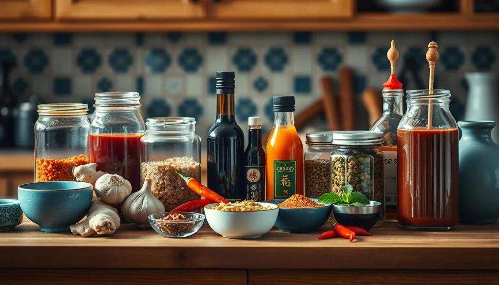 A neatly arranged collection of vibrant Asian condiments and spices rests upon a wooden kitchen counter, bathed in warm, soft lighting. An array of glass jars and bowls hold fragrant ingredients like ginger, garlic, soy sauce, sesame oil, chili peppers, and various Asian-inspired seasonings. The scene exudes a sense of culinary exploration and the promise of bold, flavorful dishes to come. Subtle blue accents, such as a small vase or decorative tile, complement the earthy tones, creating a cohesive, minimalist aesthetic.
