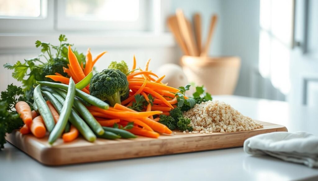 A neatly arranged composition featuring an assortment of fresh, vibrant vegetables and grains on a wooden cutting board in a cozy, minimalist kitchen. Illuminated by soft, natural lighting from a window, the scene captures the essence of healthy meal preparation. Julienned carrots, crisp snow peas, tender broccoli florets, and fragrant herbs sit alongside fluffy quinoa and basmati rice, all ready to be transformed into a balanced, flavor-packed stir-fry. The clean, airy atmosphere with light blue accents sets the stage for a nourishing, Asian-inspired culinary experience.
