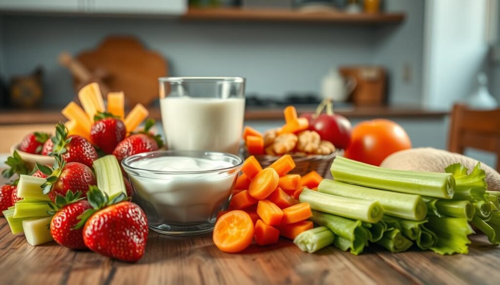A neatly arranged composition of allergen-free lunch components on a rustic wooden table, bathed in soft, diffused lighting. In the foreground, a variety of fresh fruits and vegetables - vibrant strawberries, crisp celery sticks, and crunchy carrot coins. In the middle ground, a glass container filled with dairy-free yogurt and a small bowl of gluten-free crackers. The background features a simple, light blue-accented kitchen with natural wooden textures, creating a calming, minimalist atmosphere. The scene conveys a sense of healthfulness and school-safe nutrition.
