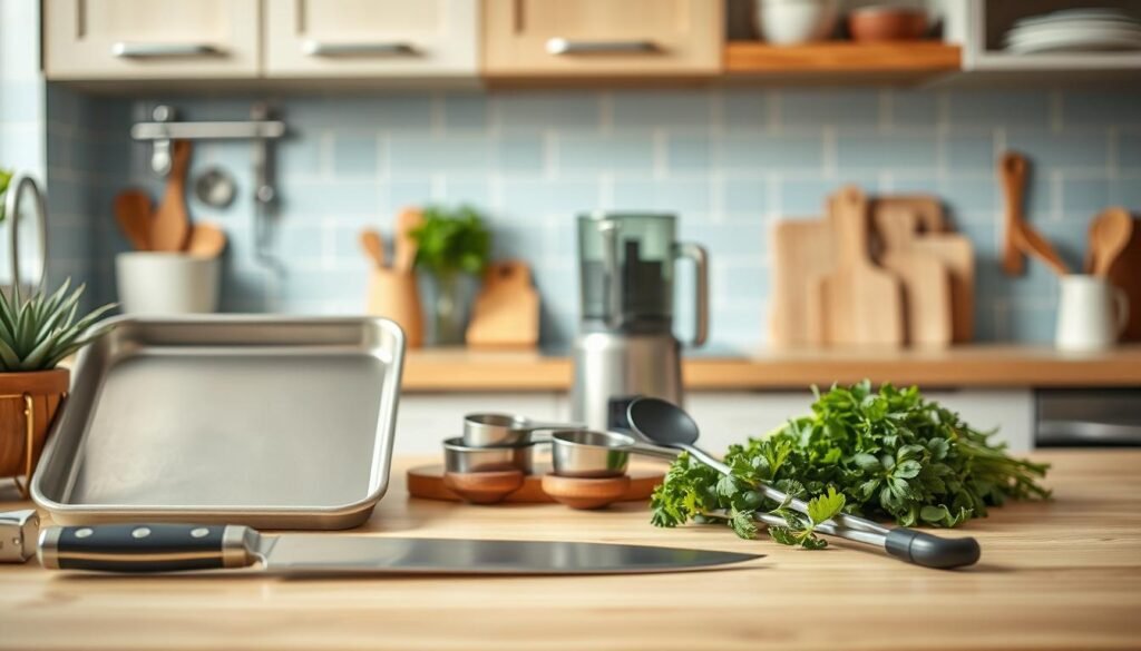 A neatly arranged composition of essential meal prep tools in a cozy, minimalist kitchen setting. In the foreground, a sturdy stainless steel sheet pan, a sharp chef's knife, and a set of measuring cups and spoons. In the middle ground, a wooden cutting board, a sleek food processor, and a variety of fresh herbs. The background features a light blue tile backsplash, natural wood textures, and subtle kitchen accents, creating a calming, organized atmosphere. Soft, even lighting illuminates the scene, highlighting the tools' functionality and the kitchen's welcoming ambiance.