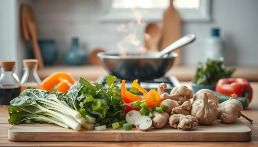 A neatly arranged composition of essential stir fry ingredients and tools set against a cozy, minimalist kitchen backdrop. In the foreground, a cutting board hosts an array of freshly chopped vegetables - crisp bok choy, vibrant bell peppers, earthy mushrooms, and aromatic ginger. Nearby, a wok, wooden spoon, and condiments like soy sauce and sesame oil convey the tools of the trade. In the middle ground, a sizzling wok emits tendrils of fragrant steam, hinting at the flavorful stir fry to come. The scene is bathed in soft, diffused lighting, accentuating the natural textures of the wooden surfaces and blue-toned accents, creating a serene, inviting atmosphere.