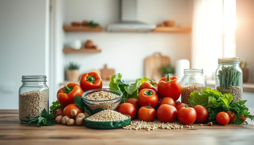 A neatly arranged composition of fresh produce, grains, and pantry staples on a wooden table in a bright, minimalist kitchen. Sunlight filters through the windows, casting a warm glow over the ingredients - vibrant bell peppers, plump tomatoes, crisp lettuce, quinoa, chickpeas, and herbs in glass jars. The clean, uncluttered space suggests a serene, organized environment for meal prepping. The overall scene conveys a sense of simplicity, efficiency, and a healthy, intentional approach to cooking.