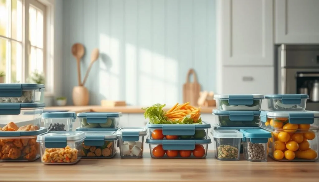 A neatly arranged composition of various food storage containers in a cozy, minimal kitchen with light blue accents and wooden textures. The containers are showcased in the foreground, meticulously organized and illuminated by soft, natural lighting from a large window. The middle ground features a clean, uncluttered countertop, while the background subtly suggests the kitchen's tranquil atmosphere. The overall scene conveys a sense of organization, freshness, and efficiency, perfectly suited to illustrate the "Culinary Techniques for Maintaining Lunch Freshness" section of the article.