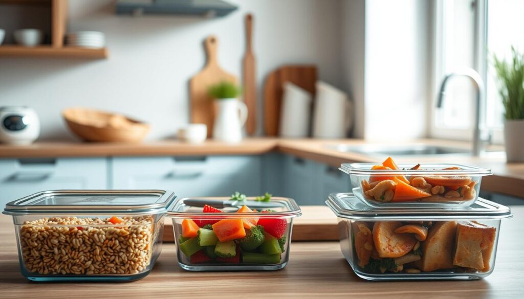 A neatly arranged composition of various meal prep components in a cozy, minimalist kitchen with wooden textures and light blue accents. In the foreground, a set of glass containers filled with colorful, freshly prepared ingredients like grains, roasted vegetables, and lean proteins. In the middle ground, a cutting board with a chef's knife and some fresh herbs. In the background, a simple, sleek kitchen counter and a few clean, modern appliances. The lighting is soft and natural, creating a warm, inviting atmosphere. The overall scene conveys a sense of organization, efficiency, and a commitment to healthy, balanced eating.