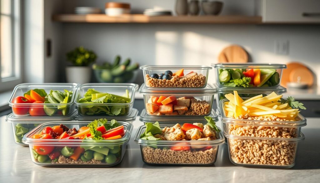 A neatly arranged countertop displays an assortment of meal prep containers, each brimming with a balanced, nutritious dinner. Fresh vegetables, lean proteins, and whole grains are meticulously portioned, showcasing the principles of healthy, well-rounded meals. Soft, natural lighting filters through the kitchen's minimalist decor, casting a warm glow on the carefully curated selection. The scene exudes a sense of organization and intentionality, inspiring the viewer to approach their own dinner meal prep with a similar mindset of balance and wellness.