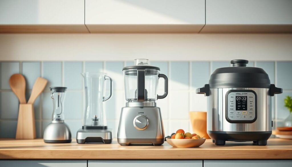 A neatly arranged countertop showcases an assortment of modern meal prep appliances in a cozy, minimal kitchen with warm wooden textures and light blue accents. A sleek blender, a compact food processor, and a multi-function pressure cooker take center stage, their stainless steel bodies gleaming under soft, even lighting. The appliances are positioned at eye-level, ready to assist in the creation of delicious, efficiently prepared meals. The scene conveys a sense of organization and culinary potential, inviting the viewer to envision the kitchen's seamless integration of technology and home-cooked sustenance.
