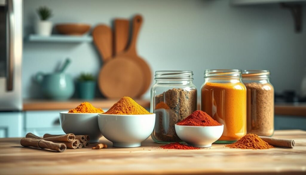A neatly arranged display of aromatic spice blends for meals, meticulously curated on a wooden kitchen counter. The jars and bowls showcase an array of warm, earthy hues - cinnamon, cumin, turmeric, and paprika - casting a soft, inviting glow in the minimal, light blue-accented kitchen. Carefully positioned to highlight their vibrant colors and tantalizing scents, the spices beckon the viewer to explore their flavorful potential. A sense of culinary inspiration and domestic tranquility permeates the scene, hinting at the transformative power of these aromatic ingredients.