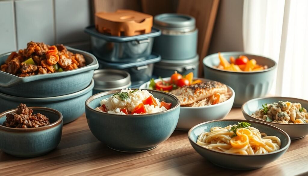 A neatly arranged display of diverse, flavorful meal prep ideas on a wooden kitchen counter, bathed in soft, natural lighting. Various containers hold vibrant, texturally-rich dishes - a hearty stew with tender meat and vegetables, a colorful veggie-packed rice bowl, a zesty citrus-marinated fish fillet, and a creamy, herb-infused pasta salad. Minimalist blue-accented ceramic plates and bowls complement the earthy tones, creating a balanced, inviting composition that sparks culinary inspiration.