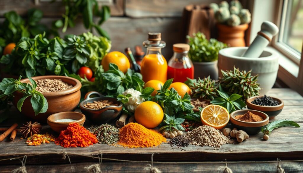 A neatly arranged display of diverse international ingredients on a rustic wooden table, bathed in warm, natural lighting. Vibrant spices, fragrant herbs, zesty citrus, and aromatic condiments from around the world creating a visual feast. Textured terracotta bowls, a smooth marble mortar and pestle, and an elegant glass bottle in the background hint at the culinary potential. This mouthwatering still life captures the essence of global flavors ready to be explored and combined in delightful home-cooked dishes.