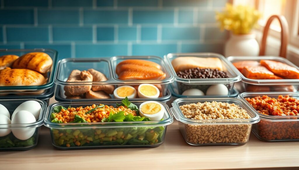 A neatly arranged display of diverse protein meal prep options on a light wooden kitchen countertop, bathed in warm, natural lighting. Various containers hold grilled chicken breasts, baked salmon fillets, hard-boiled eggs, and hearty servings of lentils and quinoa. Subtle blue accents in the background complement the earthy tones, creating a calming, organized atmosphere perfect for planning nutritious, make-ahead lunches for a large family.
