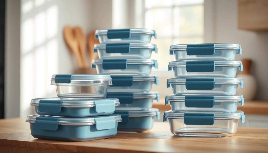 A neatly arranged display of durable, stackable meal prep containers with sleek, airtight lids in a softly lit, minimalist kitchen setting. The containers are crafted from high-quality, BPA-free materials, showcasing their long-lasting durability. Subtle blue accents complement the warm, wooden tones of the environment, creating a clean, inviting atmosphere. The containers are positioned to highlight their compact, space-saving design and practical features, such as clear lids for easy identification of contents. The camera angle emphasizes the containers' thoughtful engineering and attention to detail, conveying a sense of reliability and value.