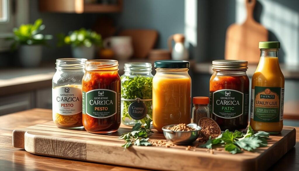 A neatly arranged display of flavorful meal prep sauces on a wooden cutting board. In the foreground, glass jars filled with vibrant sauces like pesto, teriyaki, and creamy garlic dressing, all illuminated by soft, natural lighting filtering through a nearby window. The middle ground features a selection of fresh herbs, spices, and seasoning blends, hinting at the layers of flavor. The background showcases the warm, minimalist kitchen setting with light blue accents, adding a sense of coziness and intentionality. The composition conveys the idea of a well-planned, flavor-packed meal prep routine.