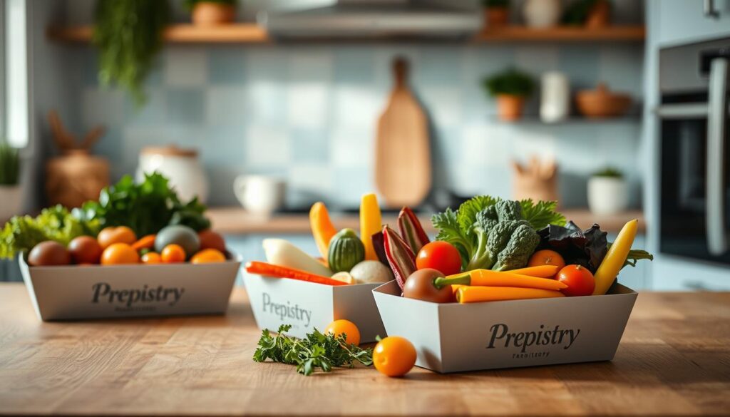 A neatly arranged display of fresh, vibrant veggies nestled in minimalist Prepistry boxes on a wooden countertop. The lighting is soft and natural, highlighting the earthy textures and colors. In the background, a serene, light blue-accented kitchen setting creates a cozy, inviting atmosphere. The composition is balanced and visually appealing, showcasing the bountiful, well-organized portions - a feast for the eyes that sets the stage for a satisfying bento lunch.