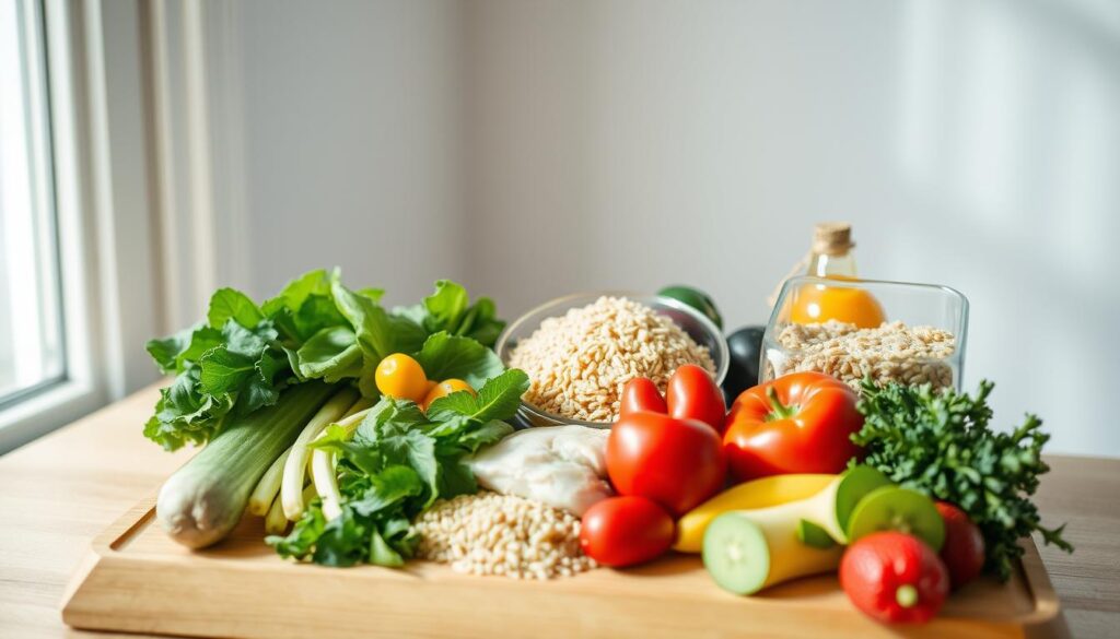 A neatly arranged display of fresh, wholesome ingredients for a balanced meal prep: a variety of crisp vegetables, lean protein like chicken or fish, whole grains like quinoa or brown rice, and vibrant fruits for a touch of sweetness. The ingredients are thoughtfully placed on a wooden cutting board, illuminated by soft, natural lighting filtering through a nearby window. The overall scene exudes a sense of simplicity, health, and mindfulness, perfectly capturing the essence of 