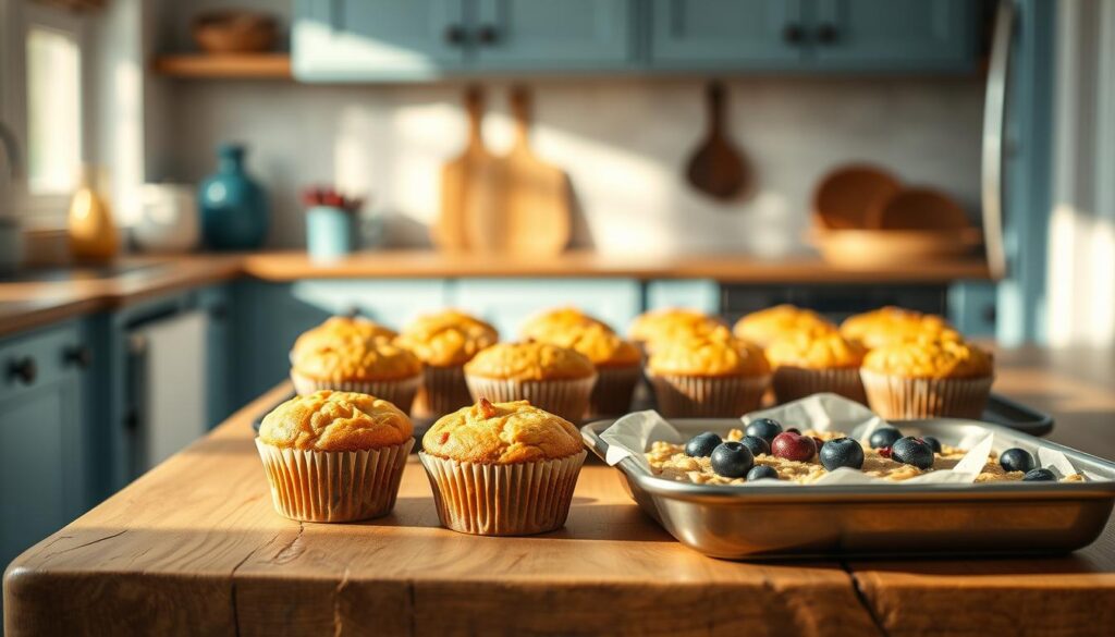 A neatly arranged display of freshly baked protein muffins and a tray of tempting baked oatmeal, resting on a rustic wooden counter in a cozy, minimalist kitchen. Warm, natural lighting floods the scene, highlighting the inviting golden-brown tops of the muffins and the artfully scattered berries atop the oatmeal. The kitchen's light blue accents add a touch of soothing elegance, creating an atmosphere of wholesome, homemade comfort. The focus is drawn to the delectable baked goods, capturing the essence of a delicious, nourishing start to the day.