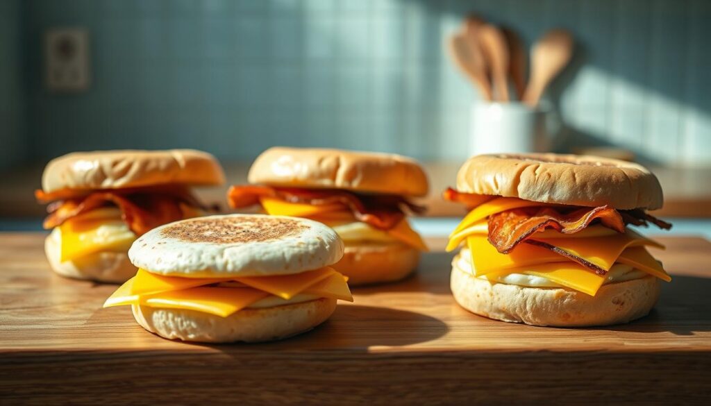 A neatly arranged display of freshly prepared breakfast sandwiches placed on a wooden kitchen counter. The sandwiches feature lightly toasted english muffins, perfectly cooked egg patties, sizzling bacon slices, and melted cheddar cheese, all assembled with care. The scene is bathed in warm, natural lighting that casts a soft glow, highlighting the appetizing details of the meal prep. The minimal, light blue accented kitchen provides a clean, inviting backdrop, complementing the delicious-looking sandwiches. The overall atmosphere conveys a sense of domestic tranquility and culinary organization.
