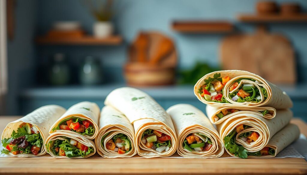 A neatly arranged display of freshly prepared tortilla wraps, showcasing a variety of filling options. The wraps are carefully folded and stacked, their vibrant colors and textures inviting the viewer to imagine the delicious contents within. The scene is set in a cozy, minimal kitchen, with warm wooden accents and soft blue hues creating a calming atmosphere. The lighting is gentle, highlighting the intricate details of the wraps and emphasizing their appetizing presentation. The composition draws the eye to the center, where the tortilla wraps take center stage, providing a visually appealing and informative illustration for the "Cold Tacos and Tortilla Wrap Options" section of the article.