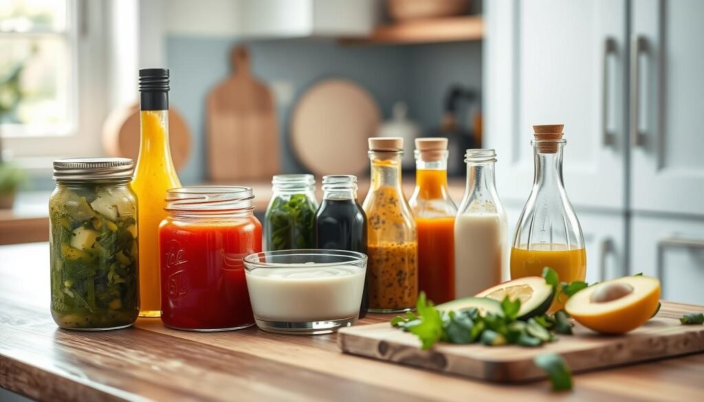 A neatly arranged display of healthy dressings and sauces on a wooden kitchen counter, bathed in soft, natural lighting from a nearby window. In the foreground, a variety of glass jars filled with vibrant, homemade vinaigrettes, creamy tahini dips, and aromatic herb-infused oils. The middle ground features a cutting board with fresh, colorful ingredients like avocado, lemon, and herbs, hinting at the flavorful combinations to come. The background showcases a minimal, light blue-accented kitchen, creating a calming, inviting atmosphere perfect for meal prep.