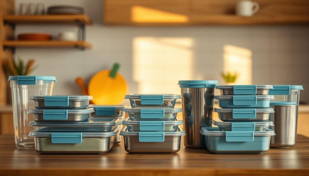 A neatly arranged display of meal prep containers in various sizes and materials - glass, plastic, and stainless steel - set against a backdrop of a cozy, minimalist kitchen. Warm, diffused lighting casts soft shadows, highlighting the containers' clean lines and textures. The containers are positioned at different angles, creating visual interest and showcasing their unique features. The color palette is muted, with light blue accents complementing the wooden textures of the kitchen. The overall atmosphere is one of calm organization and attention to detail, inviting the viewer to consider the practical and aesthetic considerations of meal prep container selection.