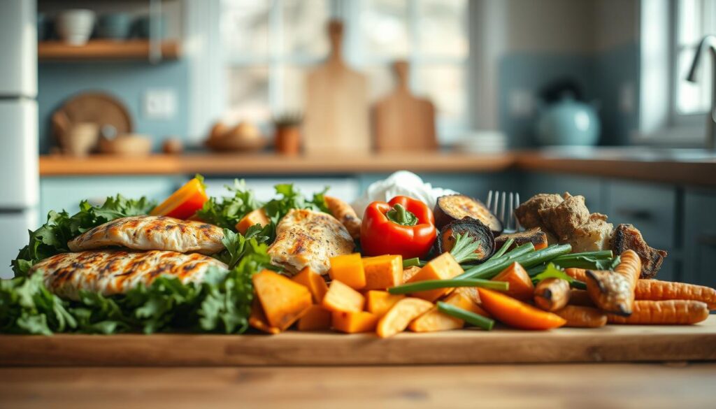 A neatly arranged display of pre-cooked proteins and assorted roasted vegetables on a wooden kitchen counter, bathed in soft, natural lighting from a large window. The proteins, such as grilled chicken and seared tofu, are nestled alongside vibrant greens, colorful roasted peppers, and tender sweet potatoes. The overall palette is muted, with hints of light blue accents in the kitchen decor, creating a calming, minimalist atmosphere that invites closer inspection of the textural variety and culinary potential of these simple, wholesome ingredients.