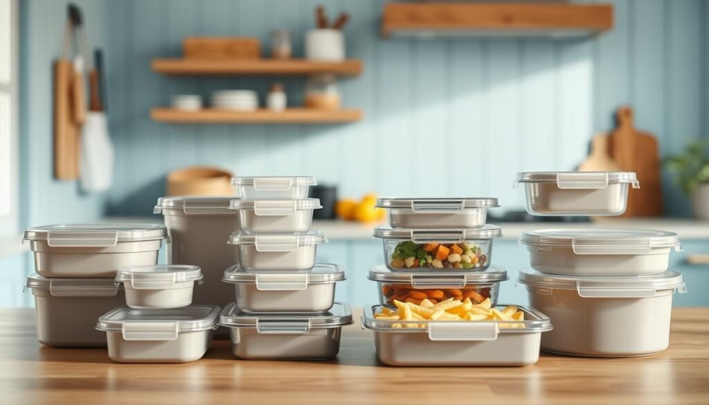 A neatly arranged display of reusable food containers in various shapes and sizes, showcasing the Prepistry brand. The containers are crafted from durable, BPA-free materials, with snap-on lids and sleek, minimalist designs. The containers are set against a backdrop of a cozy, light blue-accented kitchen, with natural wooden textures and a calming, inviting atmosphere. The image captures the versatility and practicality of these reusable containers, perfectly suited for meal prepping and reducing waste during lunchtime.
