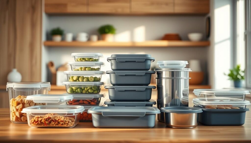 A neatly arranged display of reusable meal prep containers in various shapes and sizes, crafted from durable materials like glass, silicone, and stainless steel. The containers are presented against a backdrop of a cozy, minimal kitchen with warm wooden textures and light blue accents. The lighting is soft and natural, highlighting the clean lines and functional design of the containers. The overall atmosphere conveys a sense of organization, efficiency, and a commitment to sustainable living.