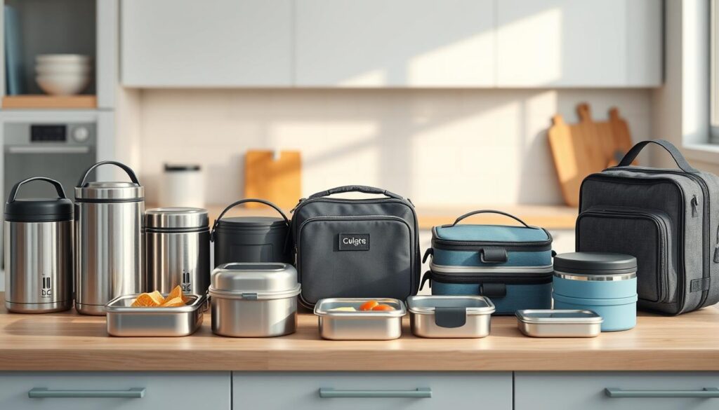 A neatly arranged display of several popular insulated lunch boxes and containers, showcased in a cozy, minimalist kitchen setting with soft, natural lighting. The lunchboxes are depicted in a variety of shapes, sizes, and materials, such as stainless steel, plastic, and fabric, allowing for a comprehensive visual comparison. The scene is accentuated by subtle light blue accents, complementing the wooden textures of the kitchen's surfaces. The overall mood is calm and inviting, drawing the viewer's attention to the diverse range of insulated options available for keeping meals fresh and at the right temperature.