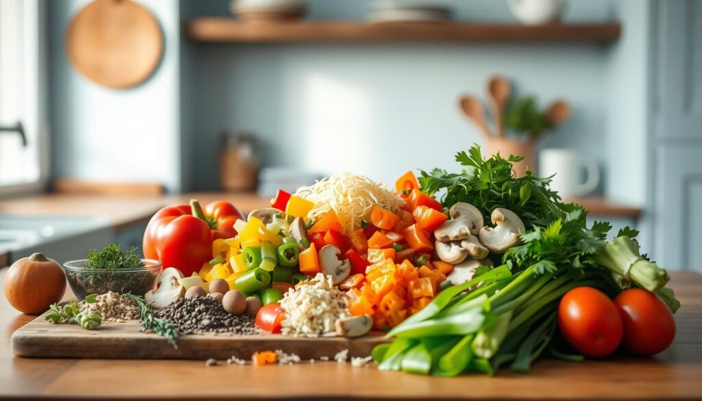 A neatly arranged display of tempting casserole toppings on a wooden kitchen counter, bathed in soft, natural lighting. An assortment of vibrant, freshly chopped vegetables - colorful bell peppers, earthy mushrooms, and crisp green onions - nestled alongside fragrant herbs, shredded cheeses, and a variety of savory seasonings. The minimal, light blue-accented kitchen setting creates a cozy, inviting atmosphere, encouraging the viewer to envision the customizable possibilities for enhancing a comforting casserole dish.