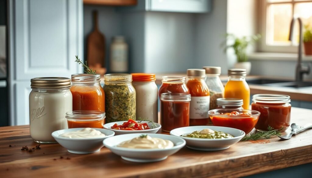 A neatly arranged display of various homemade sauces and condiments on a wooden kitchen counter. In the foreground, jars of creamy béchamel, tangy pesto, and rich tomato sauce sit alongside artfully plated samples. Behind them, sprigs of fresh herbs, a drizzle of olive oil, and a few scattered spices add depth and texture. The scene is bathed in warm, natural light filtering through a nearby window, casting a cozy glow over the minimalist, light blue-accented kitchen. The overall atmosphere invites the viewer to imagine the delicious meals these make-ahead components could inspire.