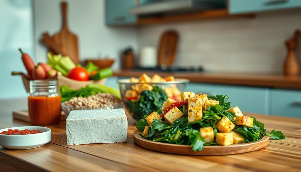 A neatly arranged display of various tofu-based dishes on a wooden table, illuminated by soft, natural lighting that casts a warm glow. In the foreground, a block of firm tofu sits alongside an assortment of vibrant vegetables, whole grains, and a small glass jar filled with a flavorful sauce. In the middle ground, a well-balanced tofu stir-fry with sautéed greens and a sprinkle of sesame seeds. The background features a minimalist kitchen setting with light blue accents, creating a calming and inviting atmosphere that emphasizes the health benefits of incorporating tofu into a plant-based meal prep routine.