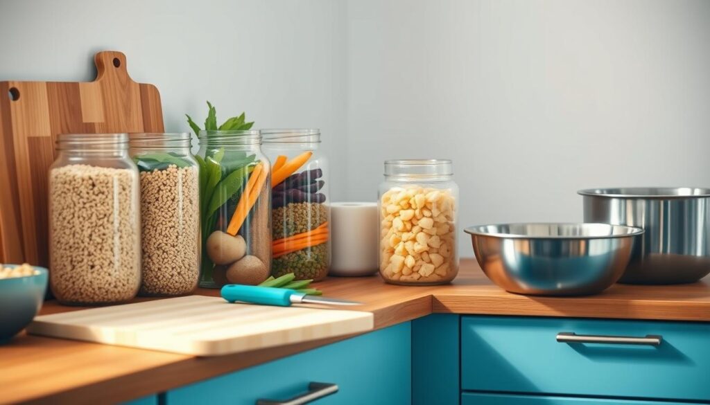 A neatly arranged display of weekly meal prep components on a wooden kitchen counter, bathed in warm, natural lighting. Glass jars filled with quinoa, brown rice, and colorful vegetables stand alongside a Prepistry cutting board, sharp knives, and stainless steel mixing bowls. The clean, minimalist setting is enhanced by light blue accents, creating a calming, organized atmosphere for efficient meal planning.
