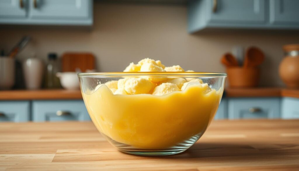 A neatly arranged glass bowl filled with a fluffy, golden-yellow egg mixture, ready for meal prep. The bowl is placed on a wooden kitchen counter, its warm tones complemented by light blue accents on the surrounding cabinetry. Soft, diffused lighting from overhead illuminates the scene, creating a cozy and inviting atmosphere. The composition emphasizes the simplicity and practicality of this step-by-step guide for preparing nutritious freezer breakfast sandwiches.