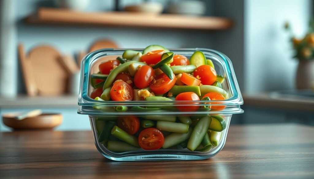 A neatly arranged glass meal prep container filled with a vibrant edamame salad, featuring a mix of tender edamame beans, crisp cucumber slices, juicy cherry tomatoes, and a drizzle of tangy Asian-inspired dressing. The container is set against a backdrop of a cozy, minimal kitchen with warm wooden textures and light blue accents, creating a calming and inviting atmosphere. The lighting is soft and natural, casting a gentle glow on the ingredients. The overall scene conveys the idea of a perfectly portioned, make-ahead Asian-inspired lunch that is both visually appealing and flavorful.