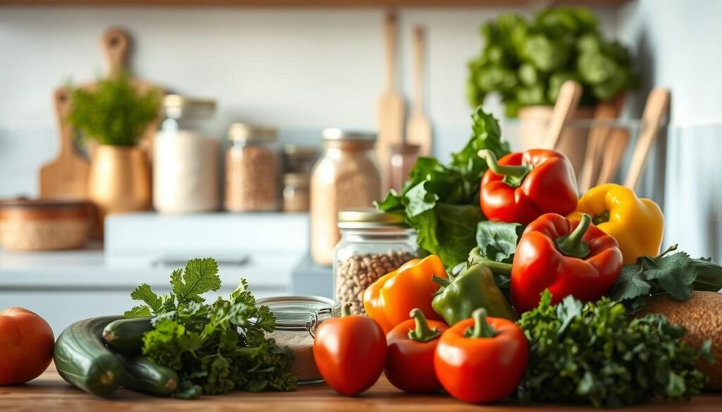 A neatly arranged kitchen counter showcases an assortment of fresh, wholesome ingredients for a balanced meal. In the foreground, vibrant produce such as bell peppers, zucchini, and leafy greens take center stage. In the middle ground, jars of grains, legumes, and spices hint at the versatility of the selection. The background features a clean, minimalist aesthetic with light blue accents and natural wooden textures, creating a calming, inviting atmosphere. Warm, diffused lighting casts a soft glow, highlighting the quality and freshness of the ingredients. The overall composition conveys a sense of efficiency and intentionality, perfect for a thoughtful and nourishing meal prep routine.