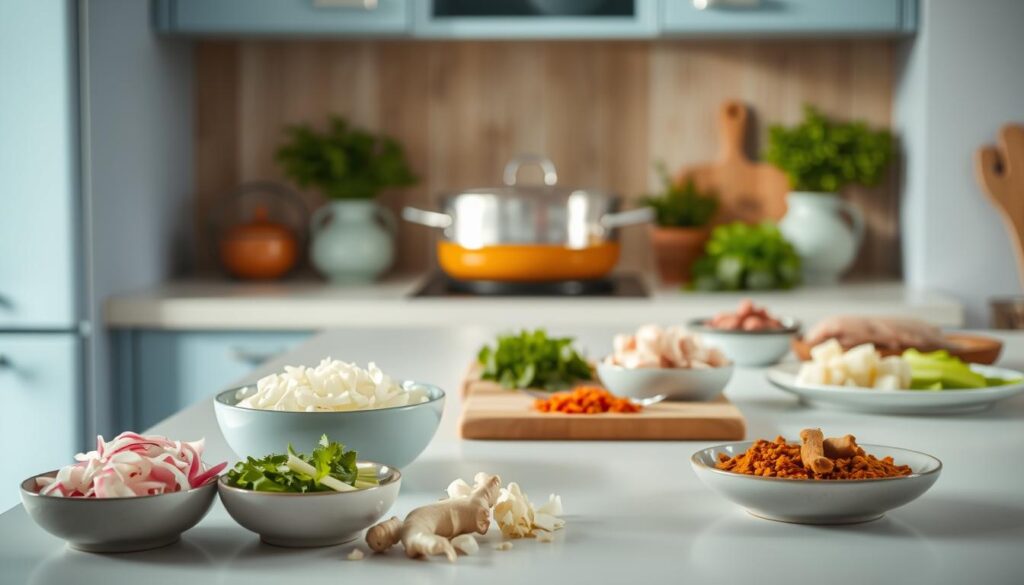 A neatly arranged kitchen counter showcases the step-by-step process of preparing a delectable chicken curry meal. In the foreground, freshly chopped onions, garlic, and ginger sit in small bowls, their vibrant colors contrasting against the light blue accents of the minimal, wooden-toned kitchen. In the middle ground, a simmering pot of fragrant curry simmers, its aroma filling the air. Arranged around it are the remaining ingredients - diced chicken, aromatic spices, and a selection of fresh herbs. The soft, natural lighting casts a warm, inviting glow, creating a cozy and organized atmosphere ideal for efficient meal prepping.