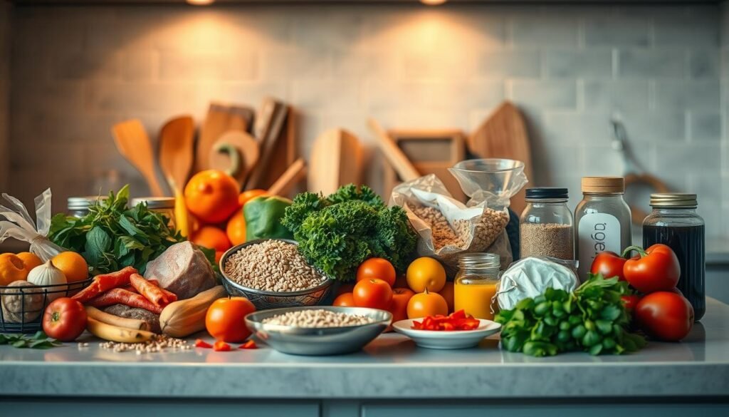 A neatly arranged kitchen counter with a variety of fresh, vibrant ingredients ready for meal prep - crisp vegetables, whole grains, lean proteins, and a selection of low-sugar condiments. Warm, directional lighting casts a soft glow, highlighting the textures and colors. The scene conveys a sense of efficiency and mindfulness, with a focus on simple, nutritious options that can be quickly assembled into satisfying, low-sugar meals. The overall mood is calm, organized, and inviting, encouraging the viewer to consider easy ways to incorporate healthier choices into their weekly routines.