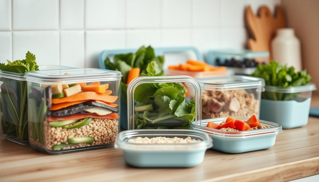 A neatly arranged kitchen countertop showcases an array of meal prep containers, each brimming with a variety of healthy ingredients. Crisp greens, vibrant vegetables, lean proteins, and wholesome grains create a visually appealing and nutritious spread. The soft, diffused lighting casts a warm glow, highlighting the wooden textures and light blue accents that lend a cozy, minimal aesthetic to the scene. The carefully curated selection of containers and ingredients suggests a thoughtful approach to preparing nutritious, customizable meals.