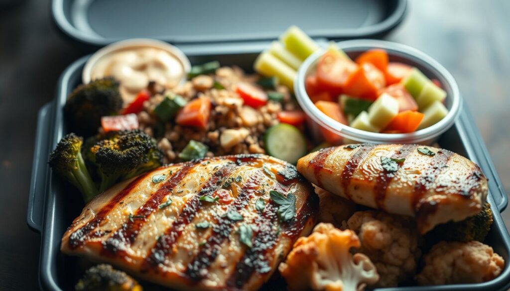 A neatly arranged lunch box with a variety of balanced protein and vegetable meals. In the foreground, a grilled chicken breast with a side of roasted broccoli and cauliflower, garnished with fresh herbs. In the middle, a quinoa and lentil salad with diced tomatoes, cucumbers, and a drizzle of lemon vinaigrette. In the background, a small container of hummus with carrot and celery sticks for dipping. The lighting is soft and natural, highlighting the vibrant colors of the dishes. The overall atmosphere is one of simplicity, health, and approachability, perfect for a nourishing teen-friendly lunchbox.