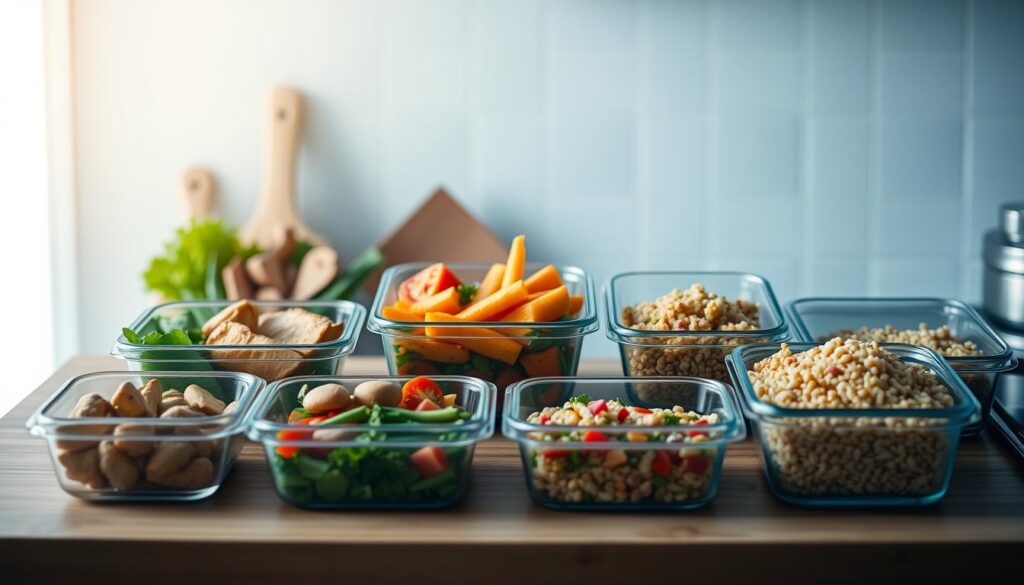 A neatly arranged meal prep display on a wooden kitchen counter, with a gentle blue-gray tint illuminating the scene. Fresh, colorful ingredients like grilled chicken, roasted vegetables, and quinoa salad occupy glass containers, showcasing a balanced, nutrient-dense diet. The lighting is soft and natural, casting a warm, inviting glow on the meticulously prepared meals, reflecting the principles of clean eating. The overall atmosphere is one of simplicity, organization, and a dedication to nourishing the body without reliance on processed foods.