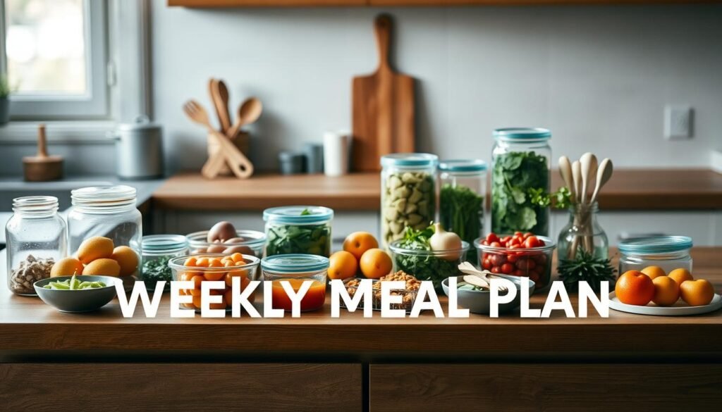 A neatly arranged meal prep display on a wooden kitchen countertop, with a selection of glass containers, fresh produce, and minimal kitchen utensils. The scene is bathed in soft, natural lighting from a window, creating a calming, organized atmosphere. The color palette features muted tones of blues, greens, and neutrals, evoking a sense of simplicity and mindfulness. The overall composition emphasizes the weekly meal plan concept, showcasing the efficiency and intentionality of the food preparation process.