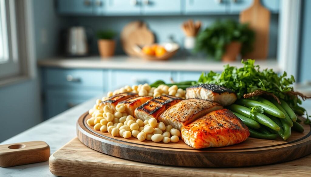 A neatly arranged meal prep platter featuring a vibrant combination of grilled chicken breasts, creamy white beans, and flavorful baked salmon fillets, all artfully presented on a wooden cutting board against a backdrop of a cozy, minimalist kitchen with light blue accents. The soft, natural lighting casts a warm glow across the scene, highlighting the textures and rich colors of the ingredients. The overall composition exudes a sense of balanced nutrition and culinary craftsmanship, perfectly embodying the theme of "Creative Ways to Incorporate Chicken, Beans, and Salmon".