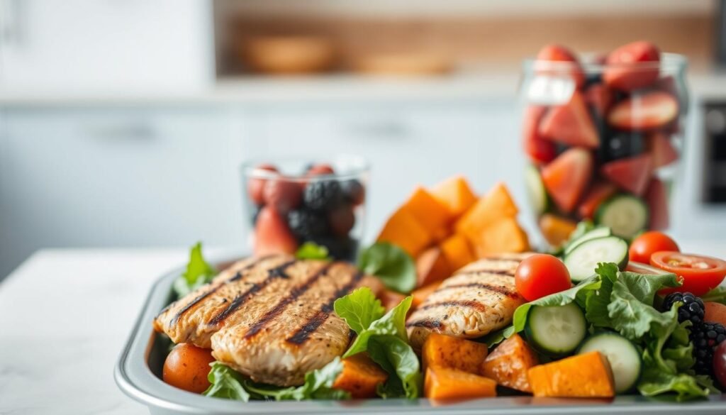 A neatly arranged meal prep tray features a balanced assortment of macronutrients. In the foreground, grilled chicken breasts, roasted sweet potatoes, and a colorful salad with mixed greens, cherry tomatoes, and sliced cucumbers create a visually appealing and nutritious meal. The middle ground showcases a glass container filled with mixed berries, providing a sweet and refreshing contrast. In the background, a minimal kitchen setting with light blue accents and wooden textures sets a calming, wellness-focused atmosphere. Soft, natural lighting illuminates the scene, emphasizing the meal's freshness and quality. This image conveys the expert insights and nutritional guidelines for a balanced, calorie-controlled dinner meal prep.