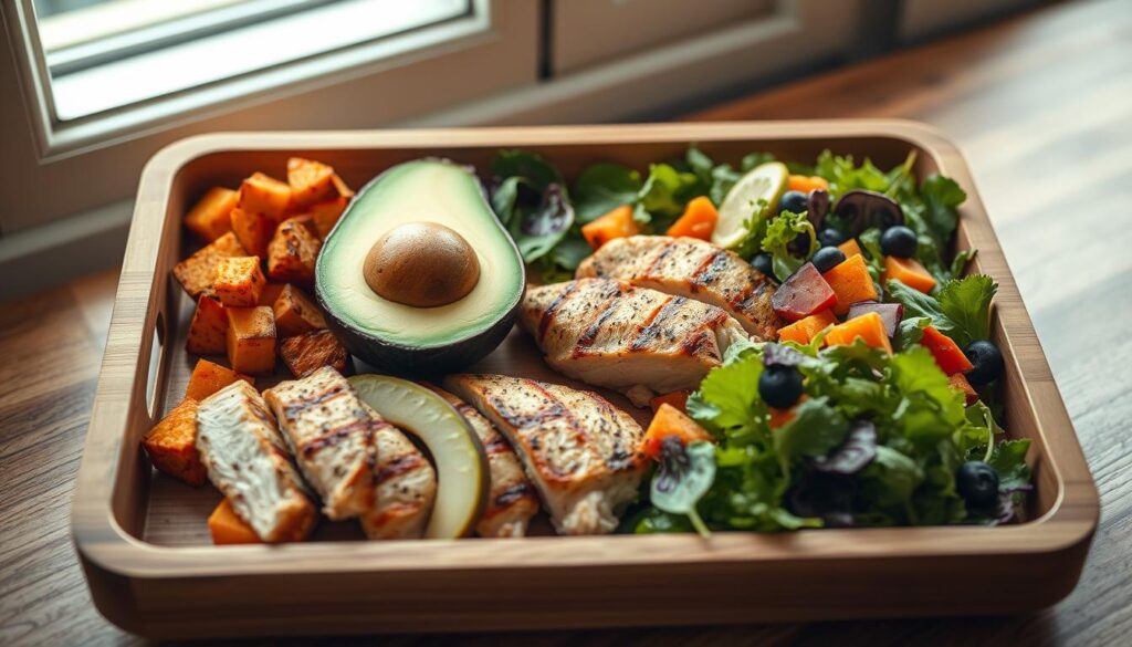 A neatly arranged meal prep tray showcases sliced avocado nestled between perfectly portioned grilled chicken, roasted sweet potato cubes, and a colorful salad. The natural wood grain of the tray creates a rustic, earthy backdrop, complemented by soft blue accents. Warm, diffused lighting from nearby windows casts a gentle glow, highlighting the vibrant colors and textures of the ingredients. The overall composition conveys a sense of intentional, stress-free organization, inviting the viewer to imagine a peaceful, nutritious dinner ahead.