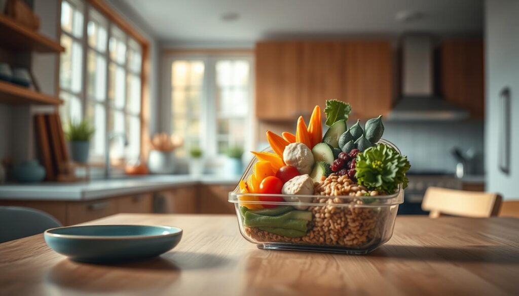 A neatly arranged midday meal in a bright, minimalist kitchen. Wooden textures and soft blue accents create a cozy, inviting atmosphere. A variety of fresh ingredients fill the bento-style container - crisp vegetables, lean protein, hearty grains, and a small sweet treat. Soft, diffused lighting from large windows casts a warm glow, highlighting the vibrant colors and textures. The entire scene exudes a sense of balance, practicality, and healthy living, perfectly suited for a busy lifestyle.