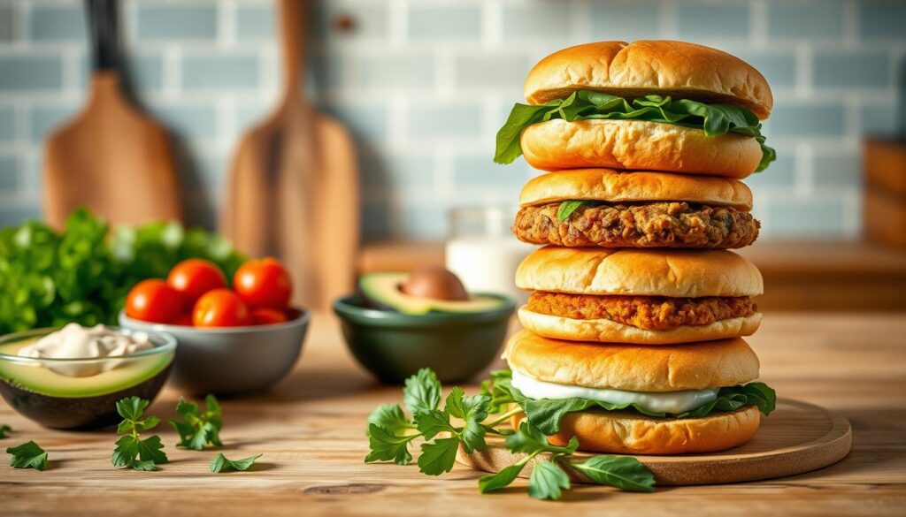 A neatly arranged plant-based breakfast meal prep featuring a variety of wholesome ingredients. In the foreground, a stack of savory vegan breakfast sandwiches made with fluffy, golden toasted buns, plant-based protein patties, and fresh greens. In the middle ground, small bowls filled with sliced avocado, juicy cherry tomatoes, and a creamy cashew-based spread. The background showcases a rustic wooden kitchen counter with a light blue tile backsplash, casting a warm, natural glow over the scene. Soft, diffused lighting illuminates the layout, highlighting the vibrant colors and textures of the plant-based meal components.