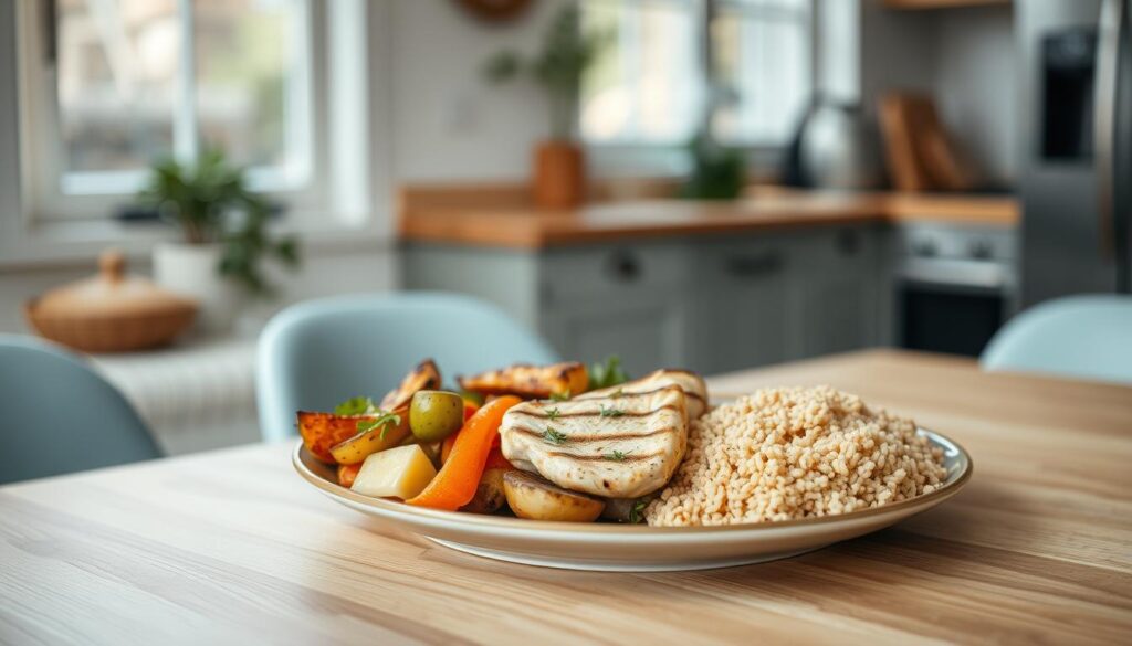 A neatly arranged plate showcases the key components of a balanced meal: tender roasted vegetables, juicy grilled chicken, and a hearty grain like quinoa or brown rice. The lighting is soft and natural, filtering through a large window in the cozy, minimal kitchen. The textures of the wooden table and light blue accents create a calming, inviting atmosphere. The camera captures the plate from a slightly elevated angle, highlighting the carefully crafted medley of flavors and nutrients. This image represents the ideal foundation for a successful, delicious sheet pan dinner.