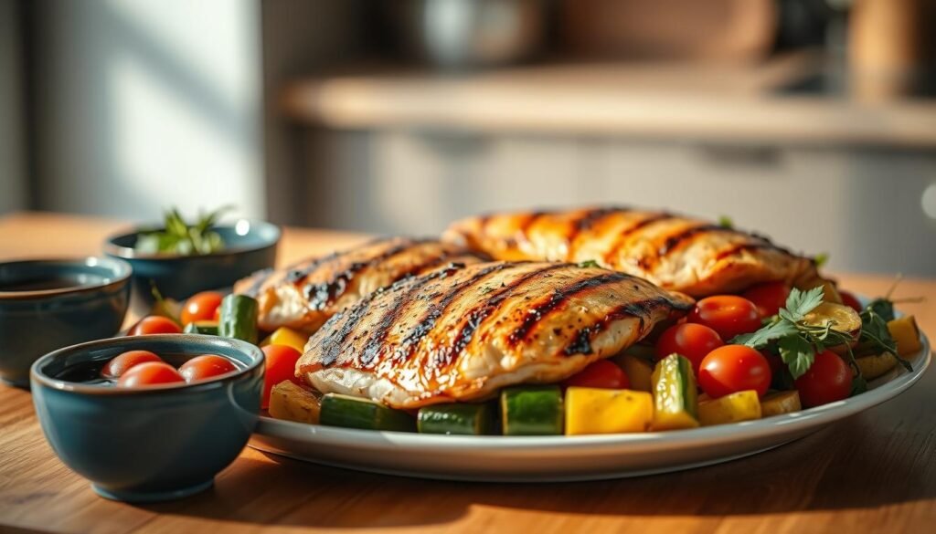 A neatly arranged platter of perfectly seared Italian chicken breasts, resting atop a bed of roasted bell peppers, zucchini, and cherry tomatoes. The tender chicken glistens under soft, natural lighting, casting warm shadows across the wooden countertop. Subtle blue ceramic bowls hold fragrant herbs and a drizzle of balsamic reduction, complementing the earthy tones of the vegetables. The scene emanates a sense of fresh, healthful preparation in a cozy, modern kitchen space.