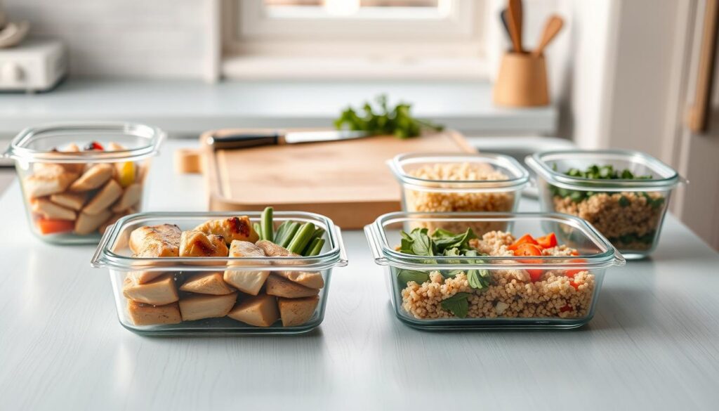 A neatly arranged portion-controlled meal prep layout on a light blue wooden kitchen counter. In the foreground, a set of glass meal prep containers with portioned servings of grilled chicken, steamed vegetables, and quinoa. In the middle ground, a cutting board with a knife and fresh herbs. Soft, natural lighting from a window casts a warm glow, complementing the minimalist, Scandinavian-inspired aesthetic. The overall scene conveys a sense of organization, efficiency, and mindful meal planning for weight management.