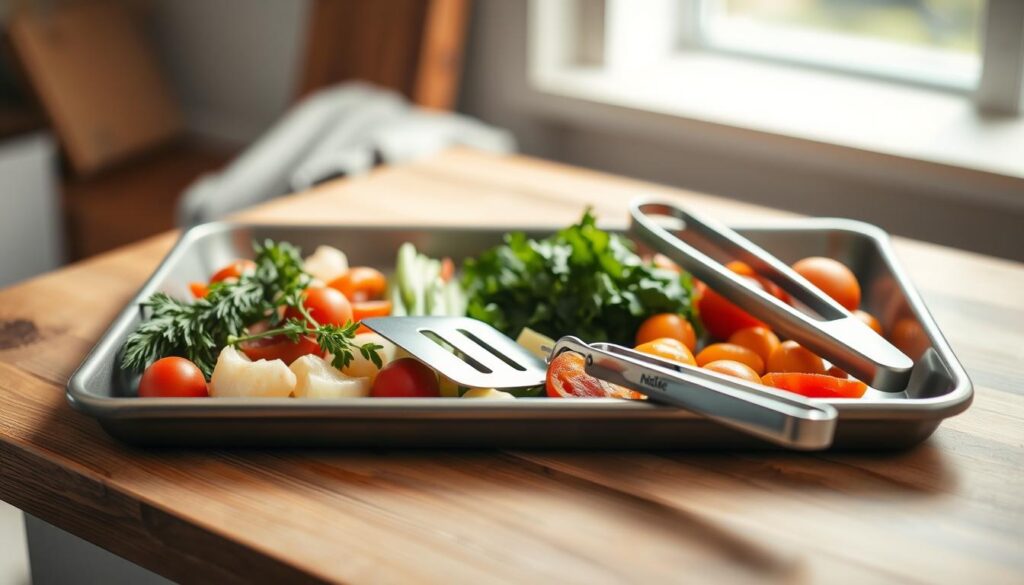 A neatly arranged rimmed sheet pan sits atop a wooden kitchen counter, bathed in soft, diffused lighting. The pan features a selection of essential ingredients and tools for sheet pan cooking: fresh, crisp vegetables, aromatic herbs, a sturdy metal spatula, and a pair of tongs. The scene exudes a sense of culinary organization and preparedness, inviting the viewer to imagine the delicious meal that will soon emerge from this well-equipped workspace.