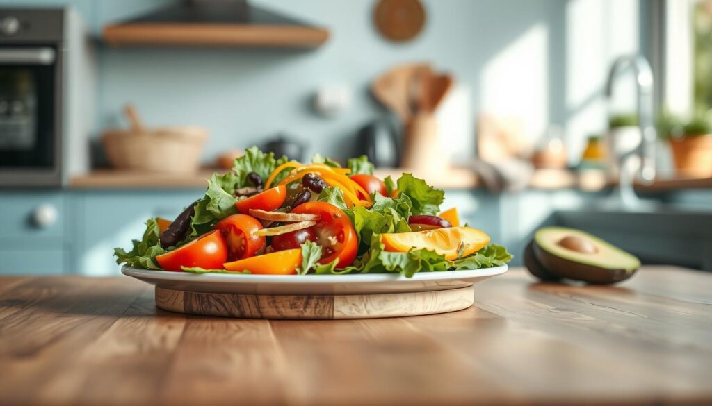 A neatly arranged salad meal prep platter on a wooden table in a cozy kitchen. The salad features vibrant colors of greens, reds, yellows, and oranges, with various textures and shapes - crisp lettuce, juicy tomatoes, crunchy peppers, and creamy avocado. The lighting is soft and natural, creating a warm, inviting atmosphere. The background has light blue accents, complementing the wooden tones. The composition is balanced and visually appealing, encouraging a sense of motivation and inspiration for aesthetic office meal prep.